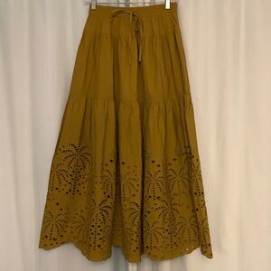 Moon River Mustard Green Palm Tree Eyelet Maxi Skirt, size small
